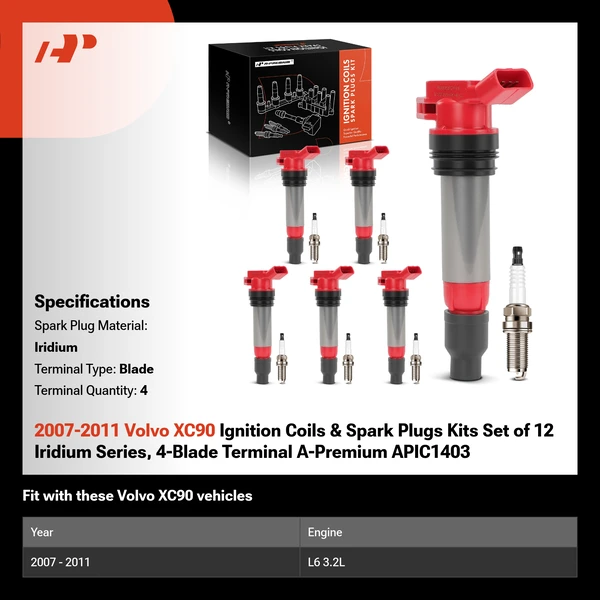 2007-2011 Volvo XC90 Ignition Coils & Spark Plugs Kits Set of 12 Iridium Series, 4-Blade Terminal A-Premium APIC1403