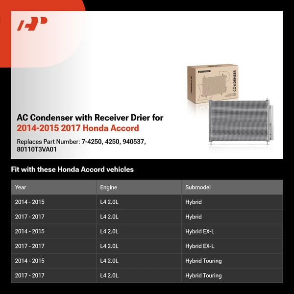 AC Condenser with Receiver Drier for 2014-2015 2017 Honda Accord