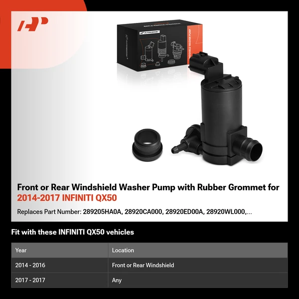 Front or Rear Windshield Washer Pump with Rubber Grommet for 2014-2017 INFINITI QX50