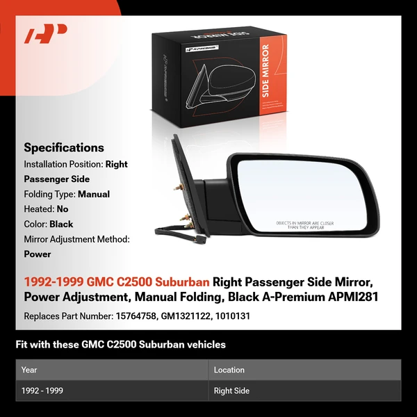 1992-1999 GMC C2500 Suburban Right Passenger Side Mirror, Power Adjustment, Manual Folding, Black A-Premium APMI281