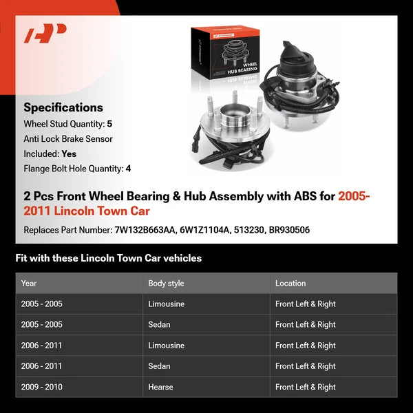 2 Pcs Front Wheel Bearing & Hub Assembly with ABS for 2005-2011 Lincoln Town Car