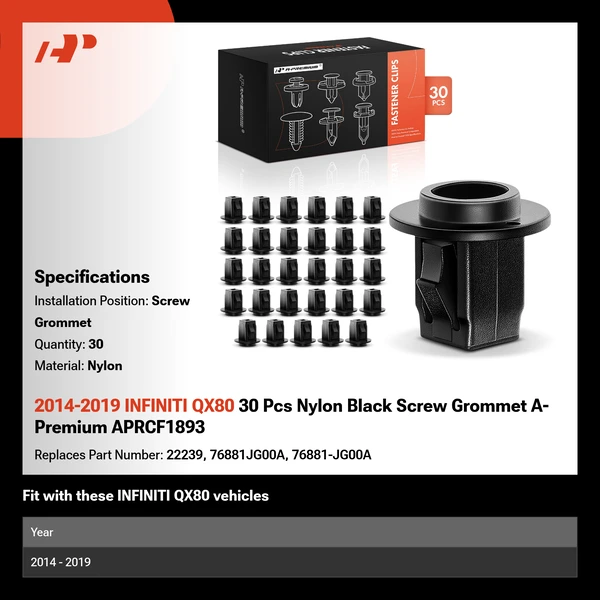 2014-2019 INFINITI QX80 30 Pcs Nylon Black Screw Grommet A-Premium APRCF1893