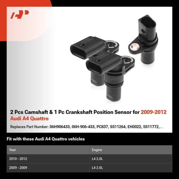 2 Pcs Camshaft & 1 Pc Crankshaft Position Sensor for 2009-2012 Audi A4 Quattro