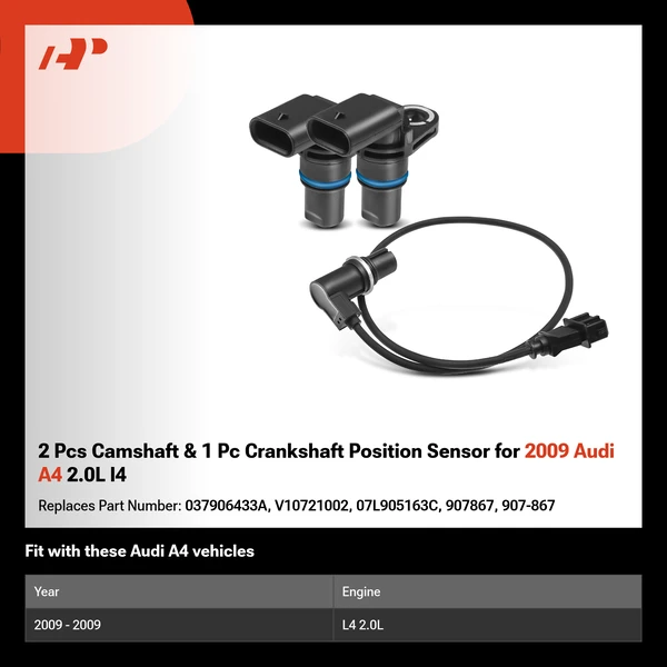 2 Pcs Camshaft & 1 Pc Crankshaft Position Sensor for 2009 Audi A4 2.0L l4
