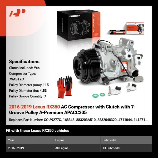 2016-2019 Lexus RX350 AC Compressor with Clutch with 7-Groove Pulley A-Premium APACC205
