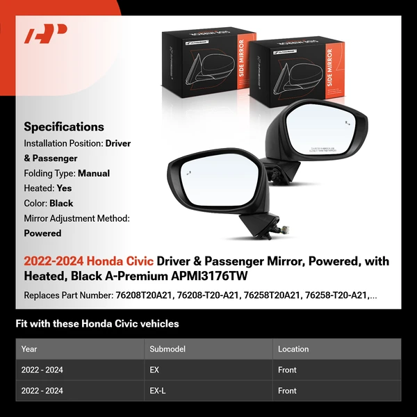 2022-2024 Honda Civic Driver & Passenger Mirror, Powered, with Heated, Black A-Premium APMI3176TW