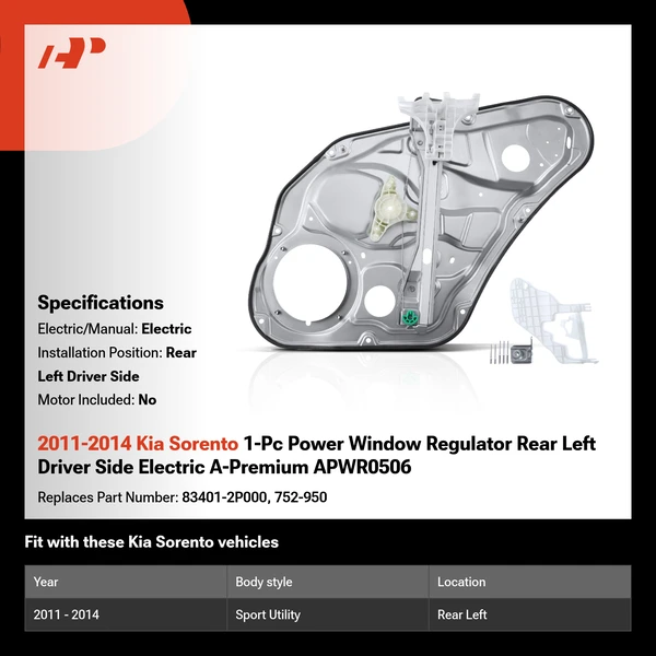 2011-2014 Kia Sorento 1-Pc Power Window Regulator Rear Left Driver Side Electric A-Premium APWR0506