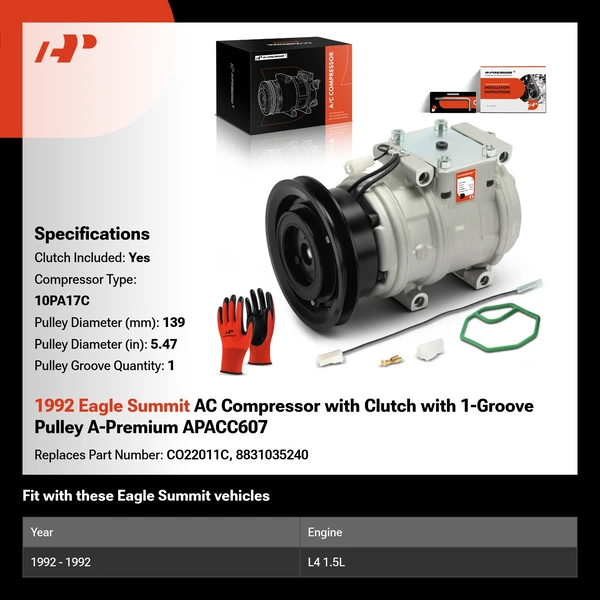 1992 Eagle Summit AC Compressor with Clutch with 1-Groove Pulley A-Premium APACC607