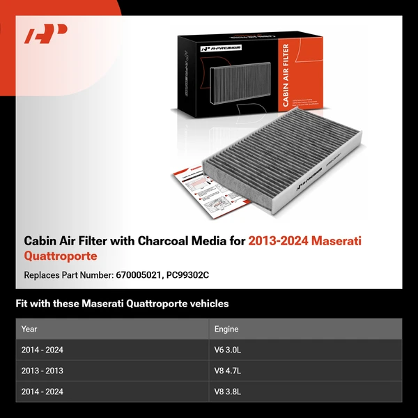 Cabin Air Filter with Charcoal Media for 2013-2024 Maserati Quattroporte
