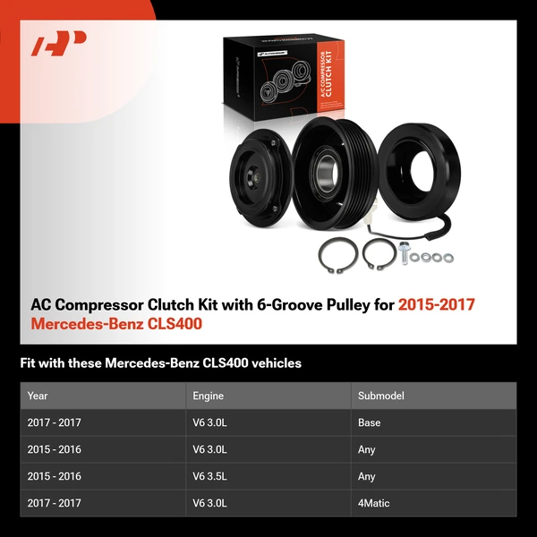 AC Compressor Clutch Kit with 6-Groove Pulley for 2015-2017 Mercedes-Benz CLS400