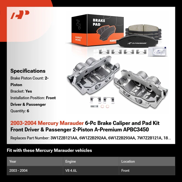 2003-2004 Mercury Marauder 6-Pc Brake Caliper and Pad Kit Front Driver & Passenger 2-Piston A-Premium APBC3450