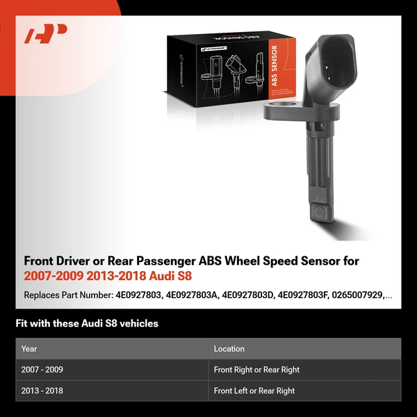 Front Driver or Rear Passenger ABS Wheel Speed Sensor for 2007-2009 2013-2018 Audi S8