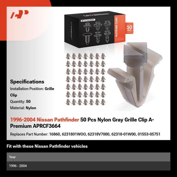 1996-2004 Nissan Pathfinder 50 Pcs Nylon Gray Grille Clip A-Premium APRCF3664