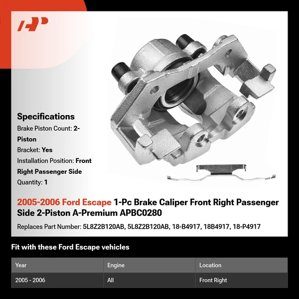 2005-2006 Ford Escape 1-Pc Brake Caliper Front Right Passenger Side 2-Piston A-Premium APBC0280