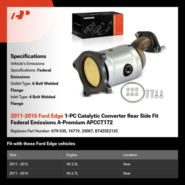 2011-2015 Ford Edge 1-PC Catalytic Converter Rear Side Fit Federal Emissions A-Premium APCCT172