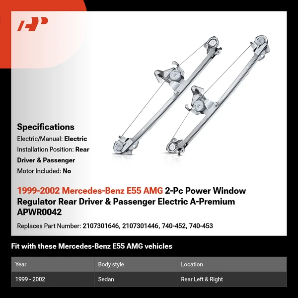 1999-2002 Mercedes-Benz E55 AMG 2-Pc Power Window Regulator Rear Driver & Passenger Electric A-Premium APWR0042