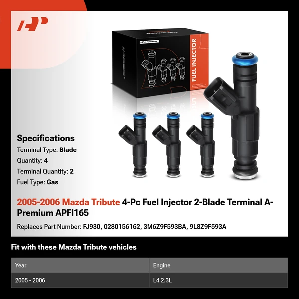 2005-2006 Mazda Tribute 4-Pc Fuel Injector 2-Blade Terminal A-Premium APFI165