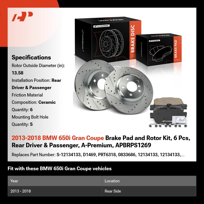 2013-2018 BMW 650i Gran Coupe Brake Pad and Rotor Kit, 6 Pcs, Rear Driver & Passenger, A-Premium, APBRPS1269