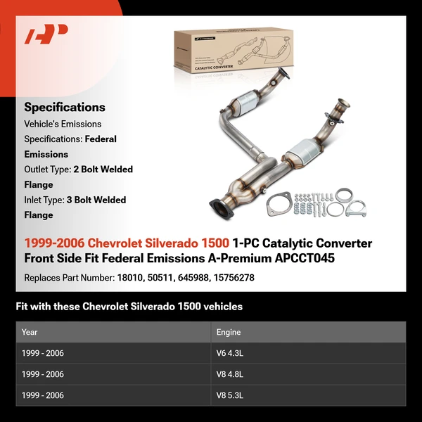 1999-2006 Chevrolet Silverado 1500 1-PC Catalytic Converter Front Side Fit Federal Emissions A-Premium APCCT045