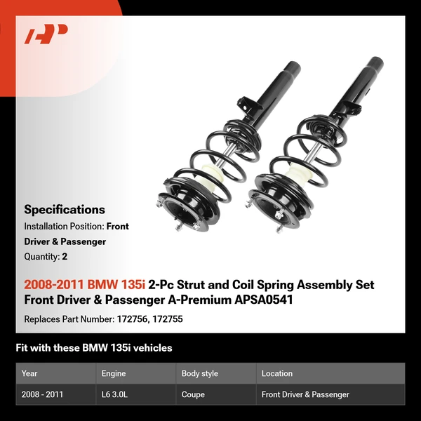 2008-2011 BMW 135i 2-Pc Strut and Coil Spring Assembly Set Front Driver & Passenger A-Premium APSA0541