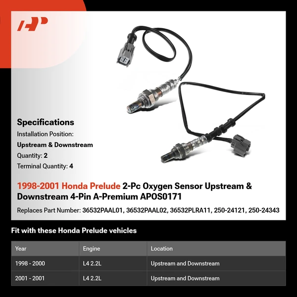 1998-2001 Honda Prelude 2-Pc Oxygen Sensor Upstream & Downstream 4-Pin A-Premium APOS0171