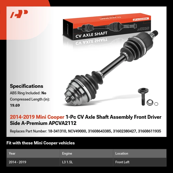 2014-2019 Mini Cooper 1-Pc CV Axle Shaft Assembly Front Driver Side A-Premium APCVA2112