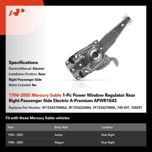 1996-2005 Mercury Sable 1-Pc Power Window Regulator Rear Right Passenger Side Electric A-Premium APWR1843