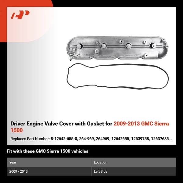 Driver Engine Valve Cover with Gasket for 2009-2013 GMC Sierra 1500