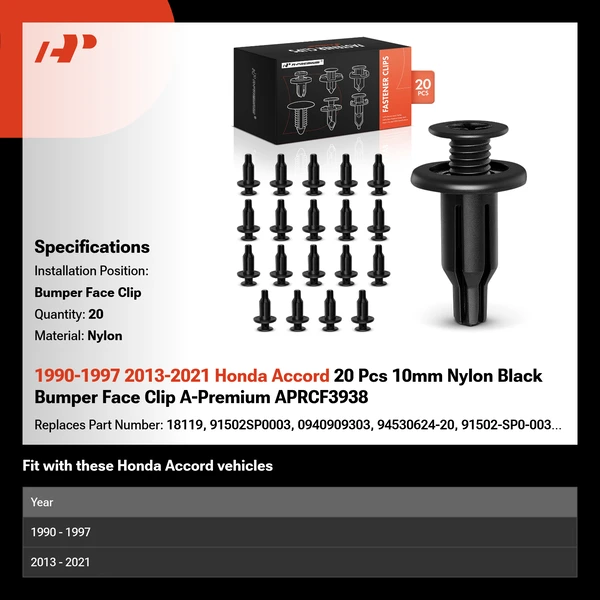 1990-1997 2013-2021 Honda Accord 20 Pcs 10mm Nylon Black Bumper Face Clip A-Premium APRCF3938