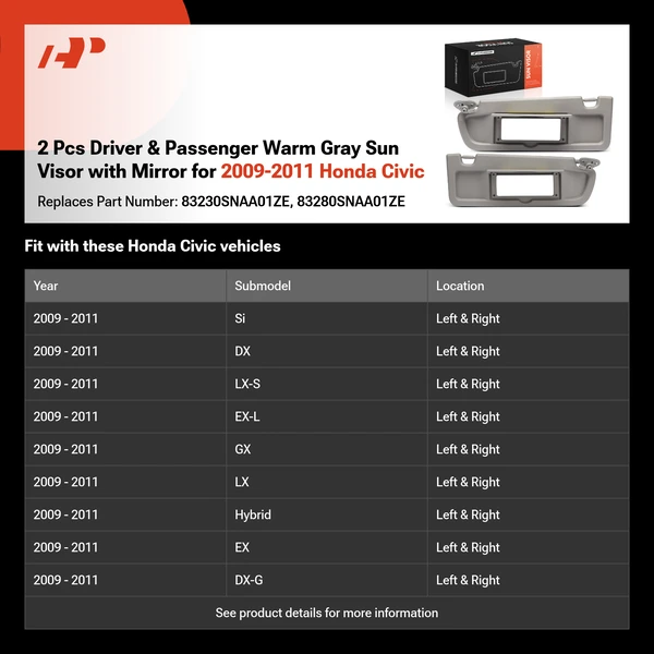 2 Pcs Driver & Passenger Warm Gray Sun Visor with Mirror for 2009-2011 Honda Civic