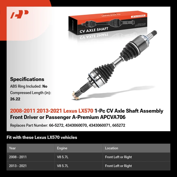 2008-2011 2013-2021 Lexus LX570 1-Pc CV Axle Shaft Assembly Front Driver or Passenger A-Premium APCVA706