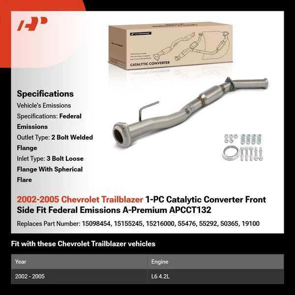 2002-2005 Chevrolet Trailblazer 1-PC Catalytic Converter Front Side Fit Federal Emissions A-Premium APCCT132