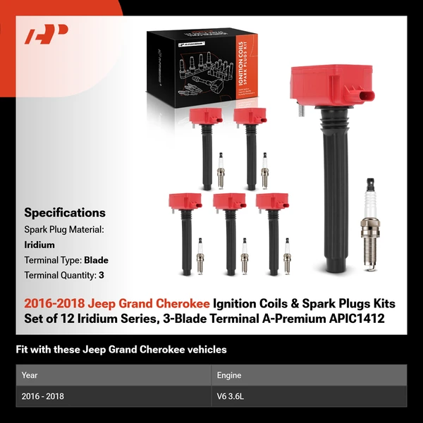 2016-2018 Jeep Grand Cherokee Ignition Coils & Spark Plugs Kits Set of 12 Iridium Series, 3-Blade Terminal A-Premium APIC1412