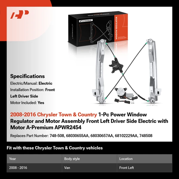 2008-2016 Chrysler Town & Country 1-Pc Power Window Regulator and Motor Assembly Front Left Driver Side Electric with Motor A-Premium APWR2454