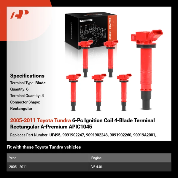 2005-2011 Toyota Tundra A Set of 6-Pc Ignition Coil 4-Blade Terminal Rectangular A-Premium APIC1045