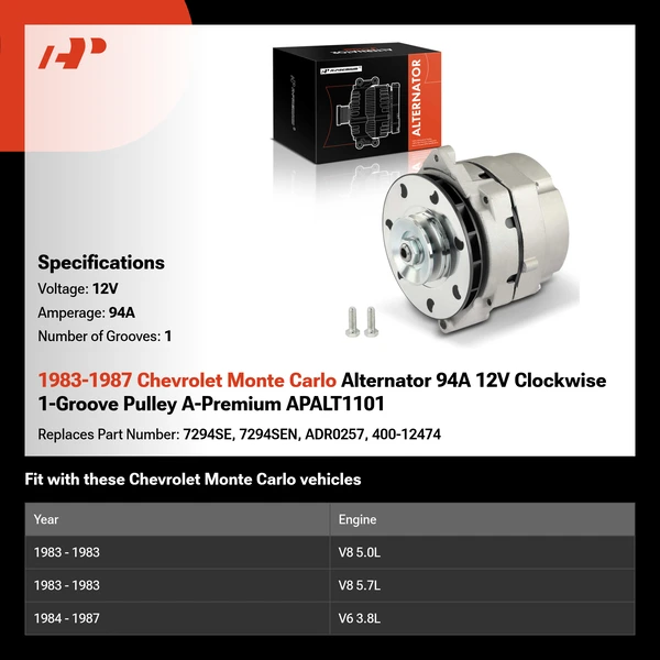 1983-1987 Chevrolet Monte Carlo Alternator 94A 12V Clockwise 1-Groove Pulley A-Premium APALT1101