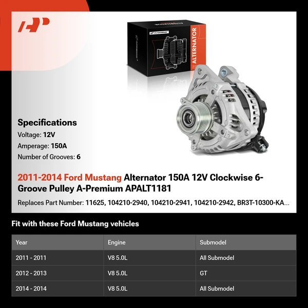 2011-2014 Ford Mustang Alternator 150A 12V Clockwise 6-Groove Pulley A-Premium APALT1181