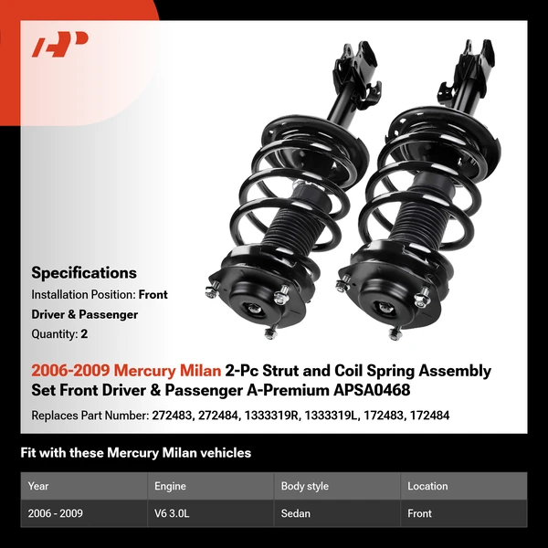 2006-2009 Mercury Milan 2-Pc Strut and Coil Spring Assembly Set Front Driver & Passenger A-Premium APSA0468