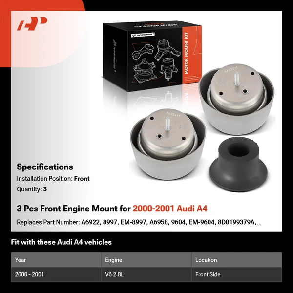 3 Pcs Front Engine Mount for 2000-2001 Audi A4