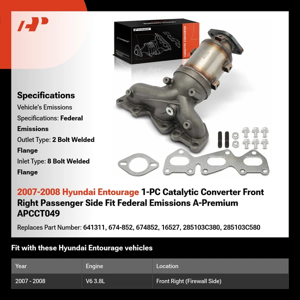 2007-2008 Hyundai Entourage 1-PC Catalytic Converter Front Right Passenger Side Fit Federal Emissions A-Premium APCCT049