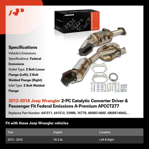 2012-2018 Jeep Wrangler 2-PC Catalytic Converter Driver & Passenger Fit Federal Emissions A-Premium APCCT277