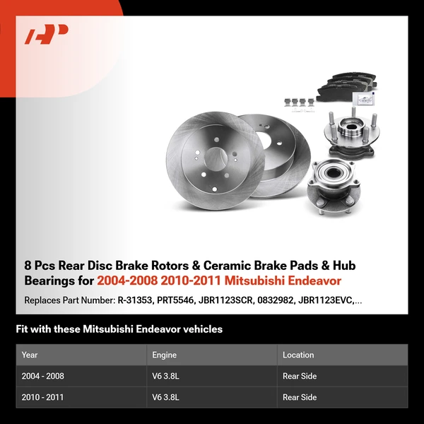 8 Pcs Rear Disc Brake Rotors & Ceramic Brake Pads & Hub Bearings for 2004-2008 2010-2011 Mitsubishi Endeavor