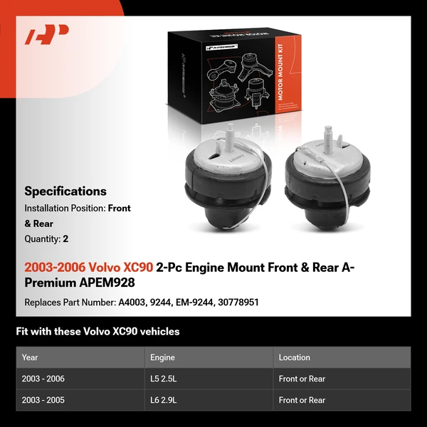 2003-2006 Volvo XC90 2-Pc Engine Mount Front & Rear A-Premium APEM928