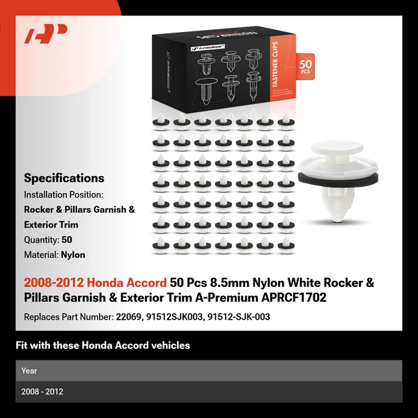 2008-2012 Honda Accord 50 Pcs 8.5mm Nylon White Rocker & Pillars Garnish & Exterior Trim A-Premium APRCF1702