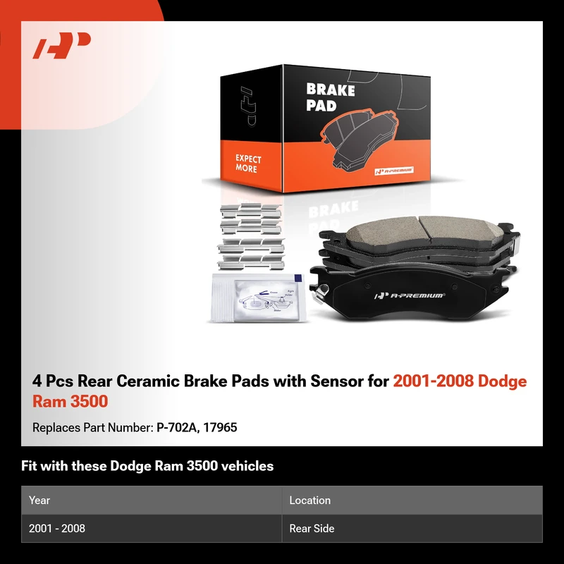 4 Pcs Rear Ceramic Brake Pads with Sensor for 2001-2008 Dodge Ram 3500