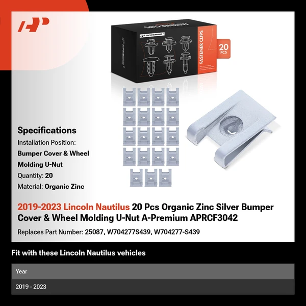 2019-2023 Lincoln Nautilus 20 Pcs Organic Zinc Silver Bumper Cover & Wheel Molding U-Nut A-Premium APRCF3042