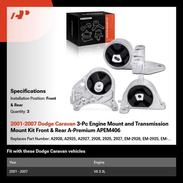 2001-2007 Dodge Caravan 3-Pc Engine Mount and Transmission Mount Kit Front & Rear A-Premium APEM406