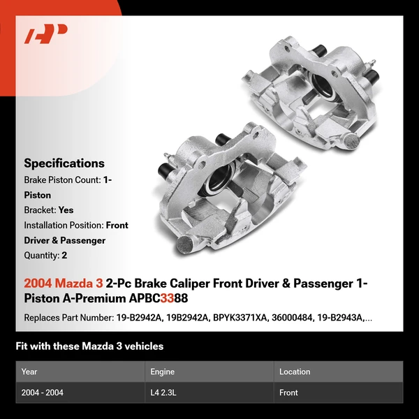 2004 Mazda 3 2-Pc Brake Caliper Front Driver & Passenger 1-Piston A-Premium APBC3388