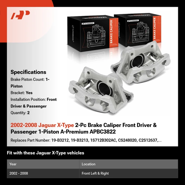 2002-2008 Jaguar X-Type 2-Pc Brake Caliper Front Driver & Passenger 1-Piston A-Premium APBC3822