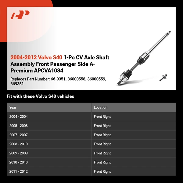 2004-2012 Volvo S40 1-Pc CV Axle Shaft Assembly Front Passenger Side A-Premium APCVA1084